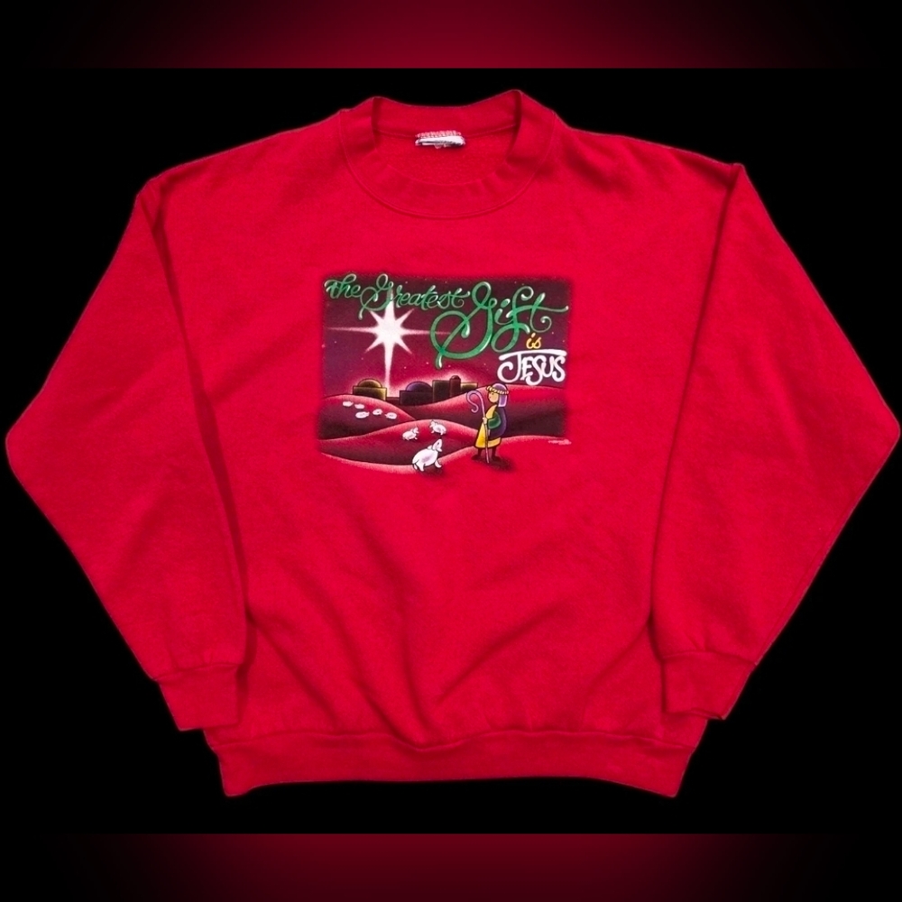 90s Jesus Sweatshirt Red XL Pullover Religious Crewneck Graphic Sheppard Comfy